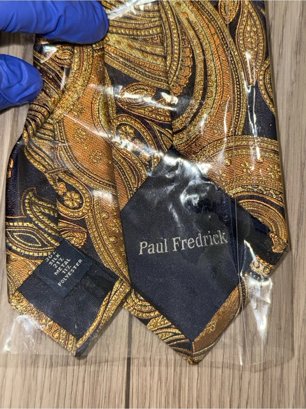 Paul Fredrick Navy Gold Paisley Lurex Woven Silk Tie